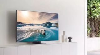A Samsung TV in a white room