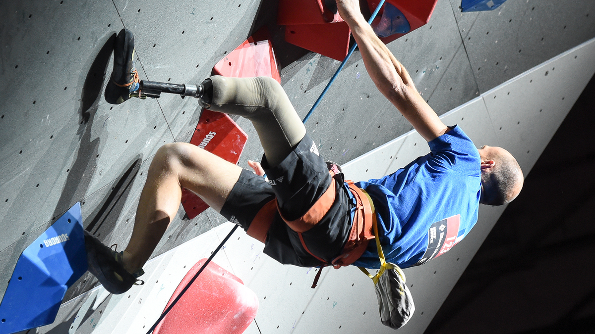 France’s Thierry Delarue on a climbing wall at the 2018 Paraclimbing World Championship