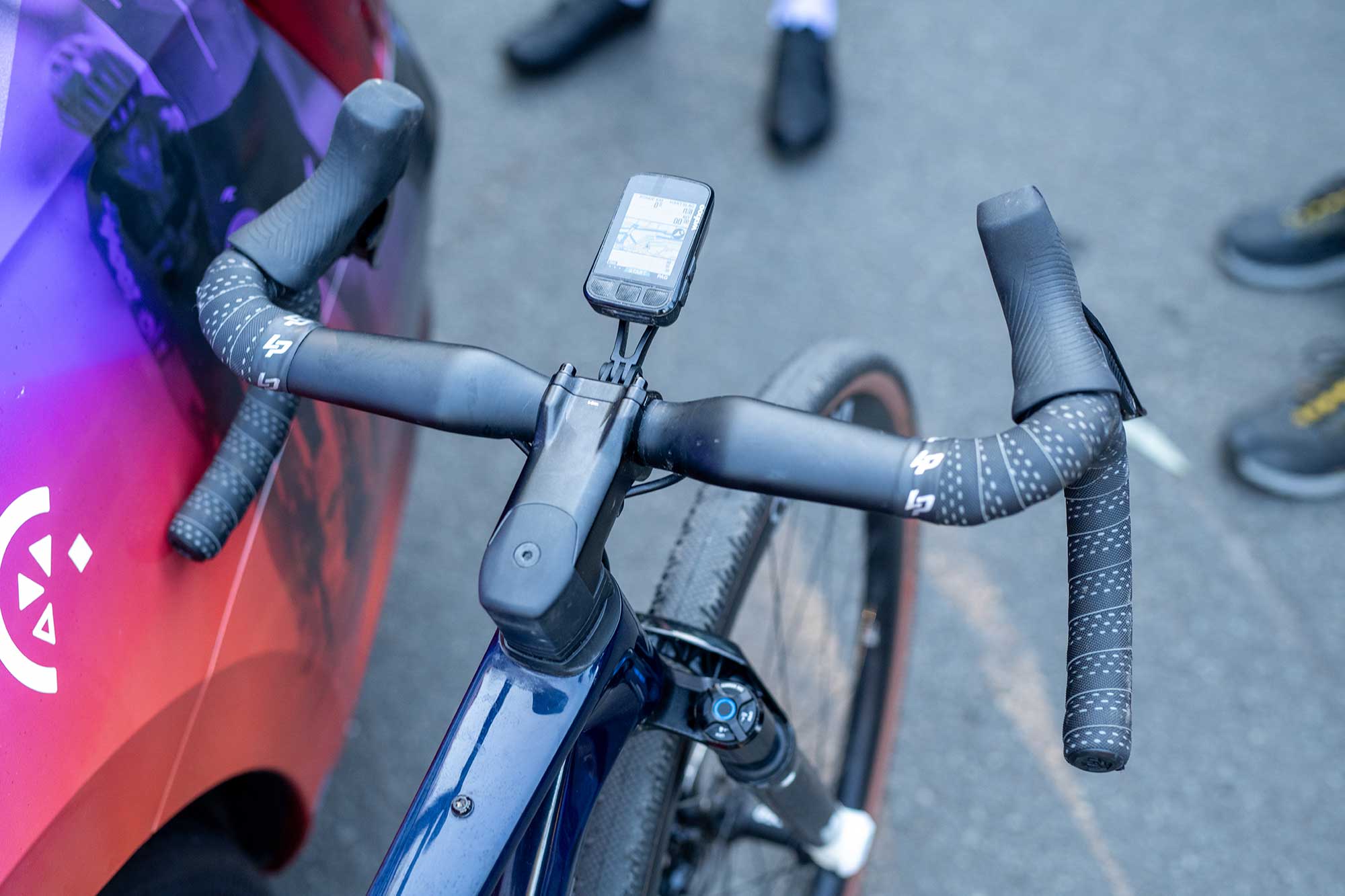 Splayed handlebars on the unreleased Lapierre gravel bike.