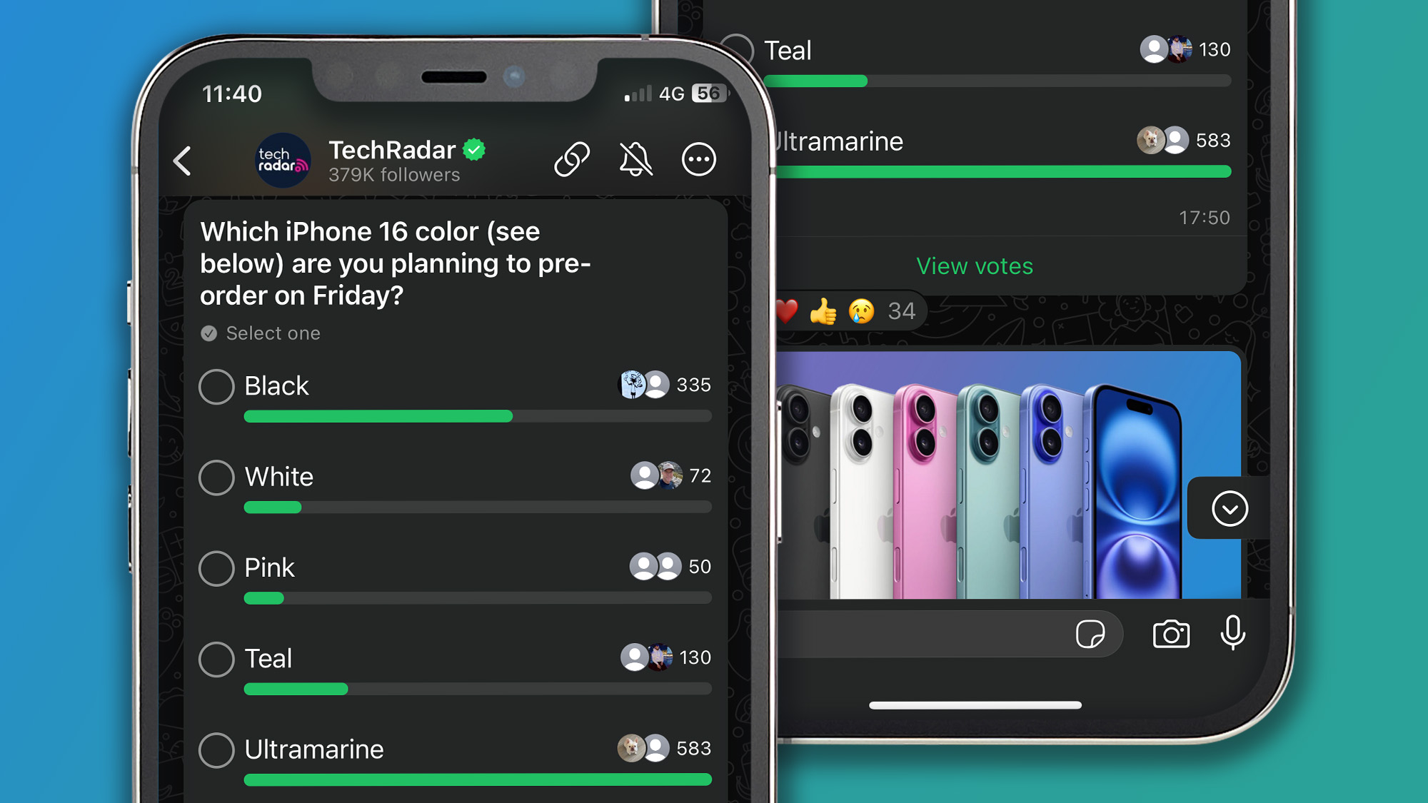 Technology Two iPhones on a green and blue background showing a WhatsApp poll