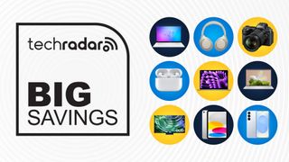 Assorted tech products arranged in collage on white background with techradar big savings text overlay