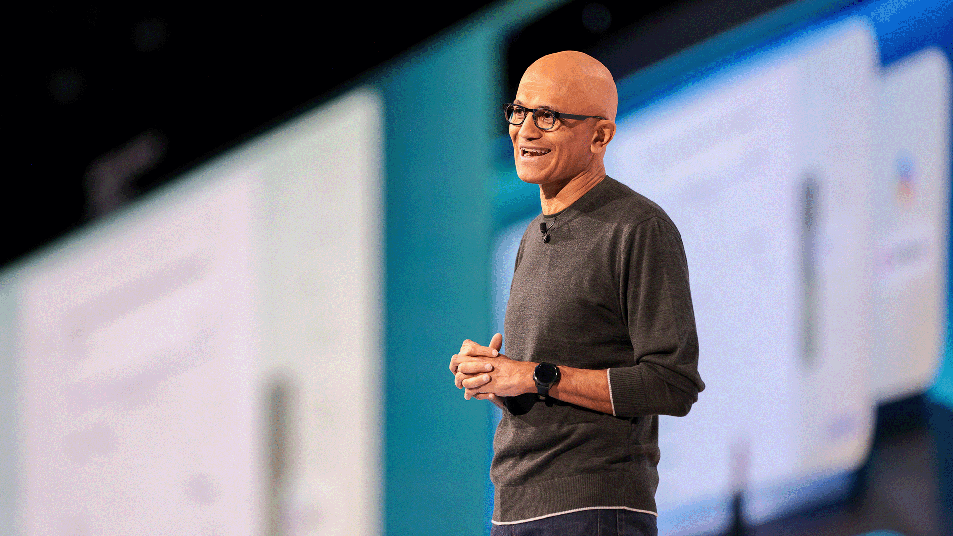 A telephoto shot of Satya Nadella, onstage during the keynote of Microsoft Build 2025.