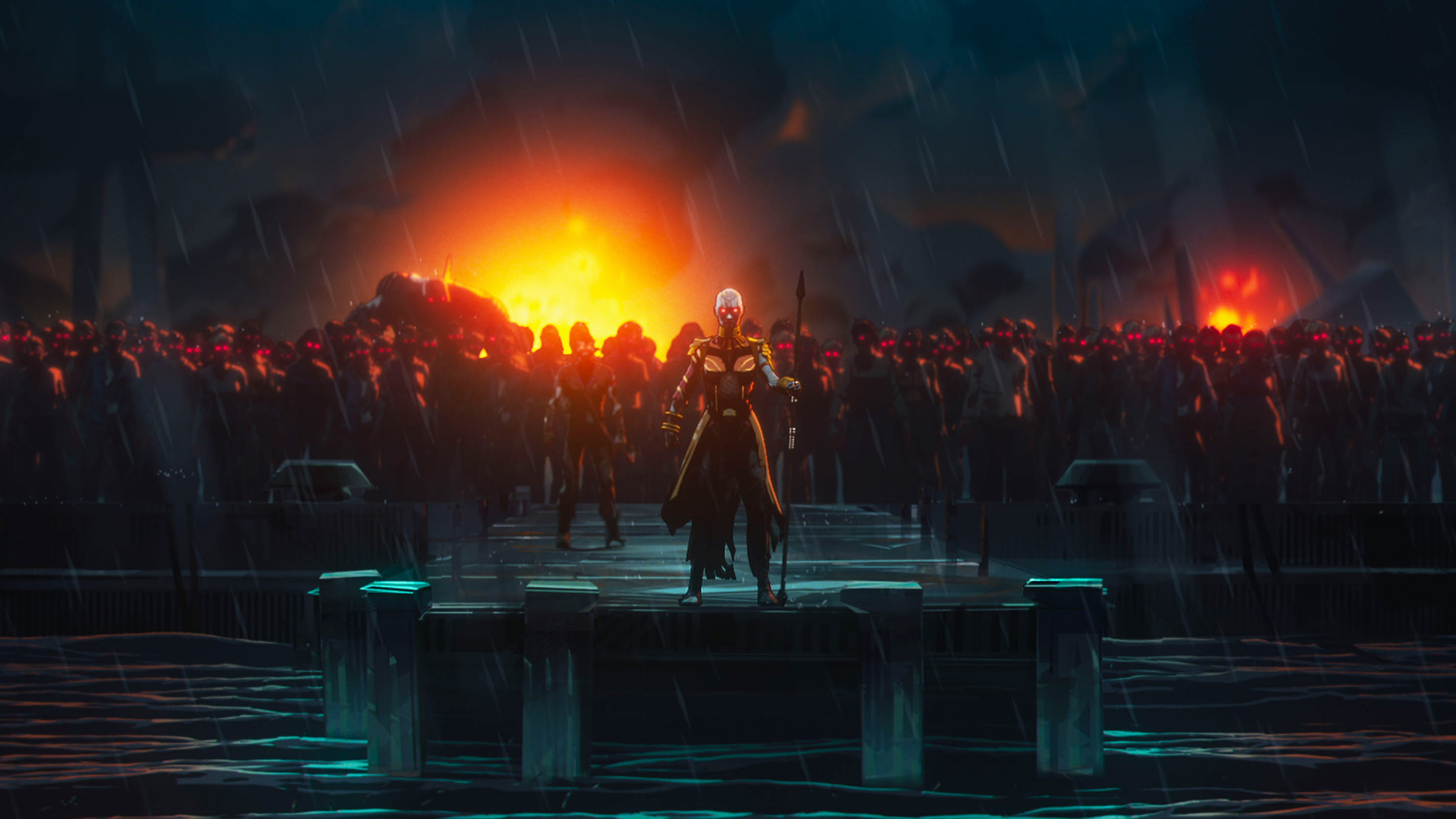 Okoye and a horde of zombies standing on a beach in Marvel Zombies