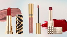 Collage of three of the best long-lasting lipsticks featured in this guide from (left to right) Sisley Paris, Max Factor and Valentino Beauty