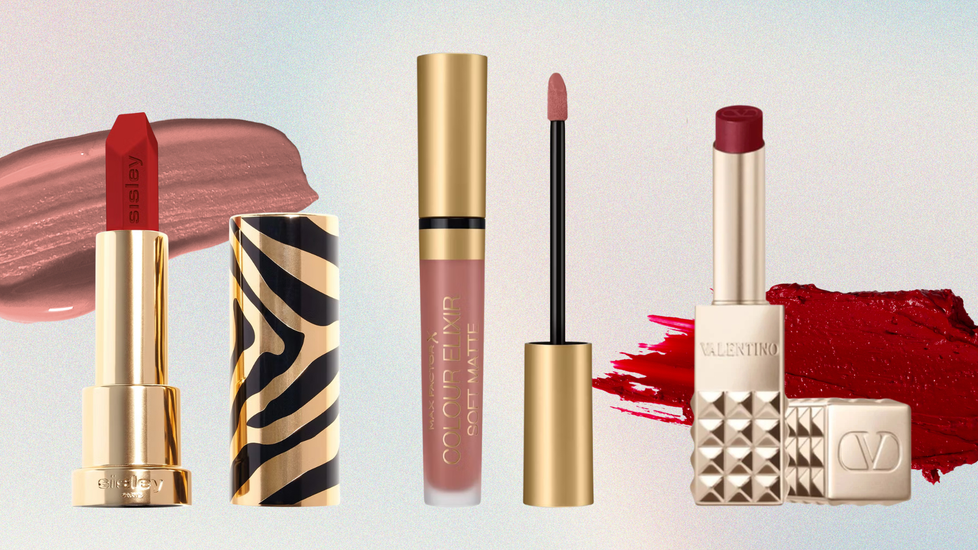 Collage of three of the best long-lasting lipsticks featured in this guide from (left to right) Sisley Paris, Max Factor and Valentino Beauty 
