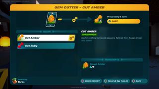 Refining Rough Amber into Cut Amber in Lego Fortnite's Gem Cutter menu