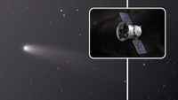 A streaking white comet moves to the left of the image with a boxout showing a floating metal spacecraft with two opposing solar panels in space