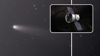 A streaking white comet moves to the left of the image with a boxout showing a floating metal spacecraft with two opposing solar panels in space