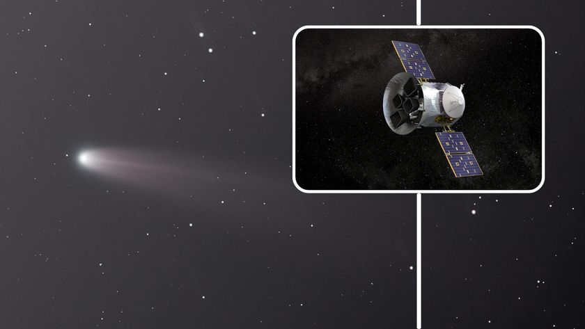 A streaking white comet moves to the left of the image with a boxout showing a floating metal spacecraft with two opposing solar panels in space
