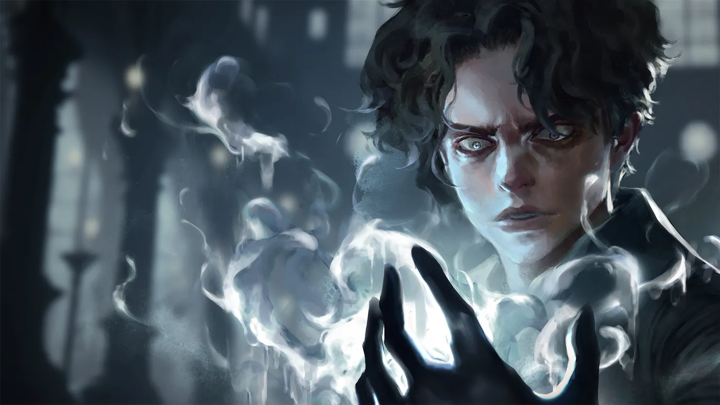 A man stares into his own glowing hand