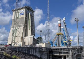 An Arianespace Soyuz rocket sits atop its launch awaiting the installation of the European MetOp-C weather satellite ahead of a planned launch from the Guiana Space Center in Kourou, French Guiana on Nov. 6, 2018.