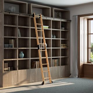 Rolling library ladder against cabinets