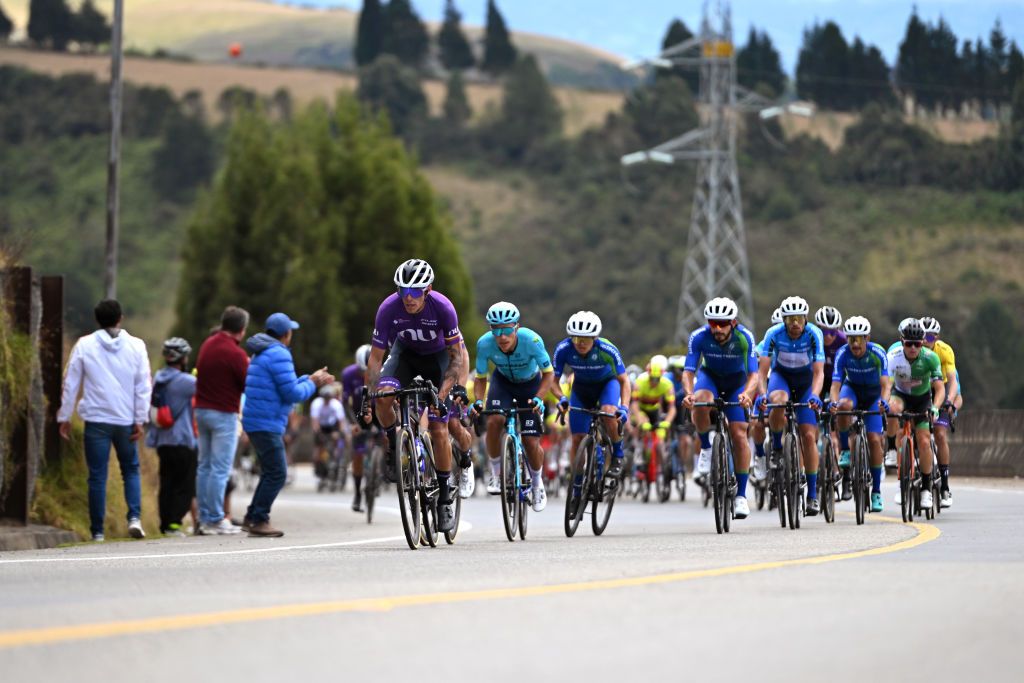 ZIPAQUIRA COLOMBIA FEBRUARY 09 Oscar Adalberto Quiroz of Colombia and Team Nu Colombia leads the peloton during the 4th Tour Colombia 2024 Stage 4 a 1818km stage from Paipa to Zipaquira on February 09 2024 in Zipaquira Colombia Photo by Maximiliano BlancoGetty Images