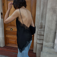 woman wearing black lace going out top outfit fall 2025