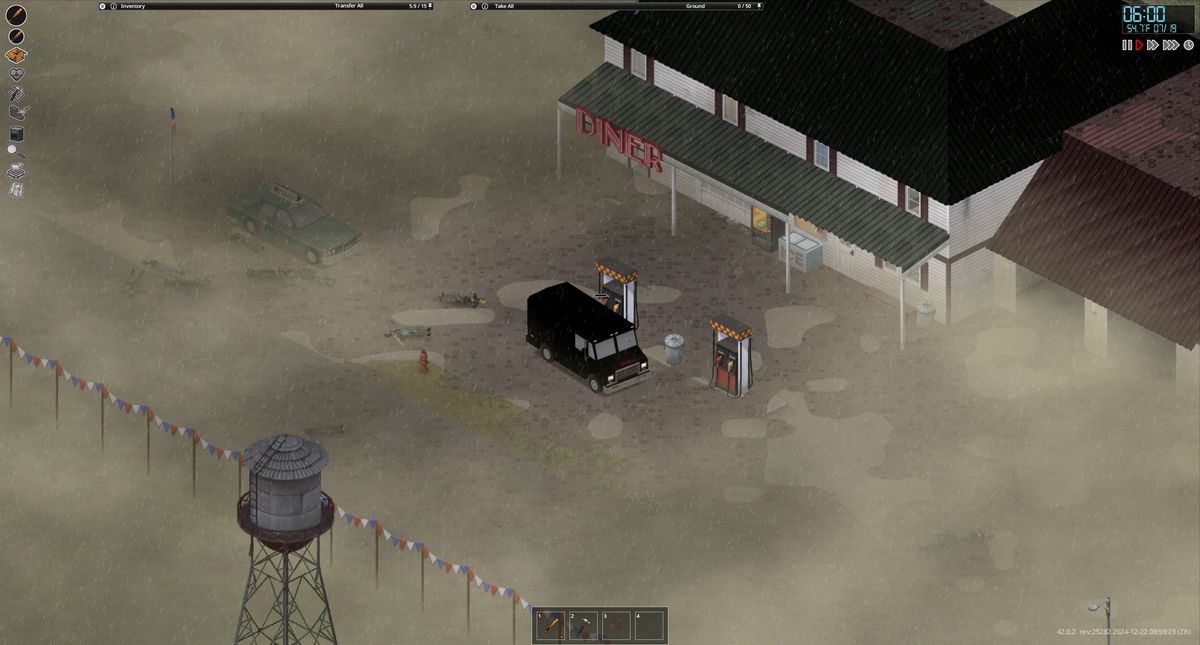 Refueling a van in Project Zomboid with the Build 42 beta&#039;s lighting making it very foggy