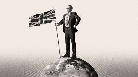 Illustration of Keir Starmer standing in top of the world with a Union Jack flag