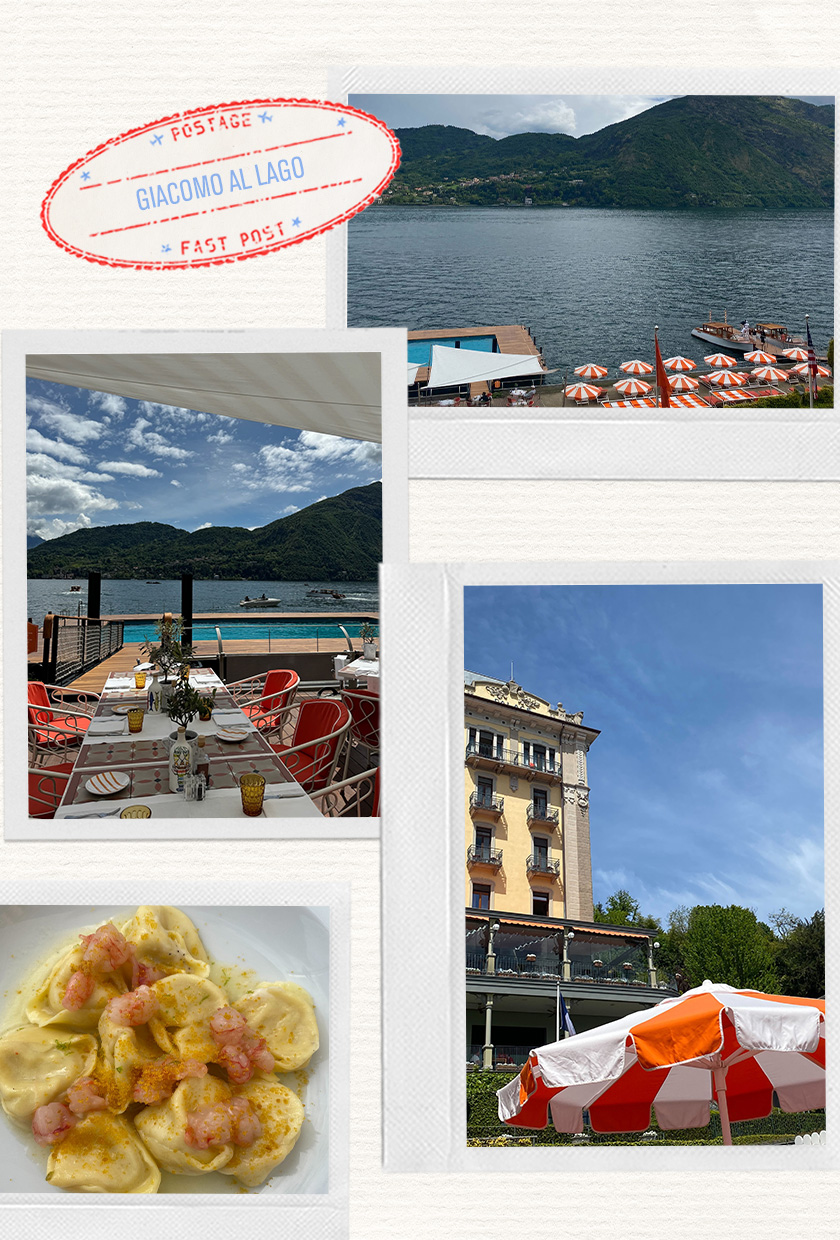 a collage of pictures of the popular restaurant Giacomo al Lago in Lake Como