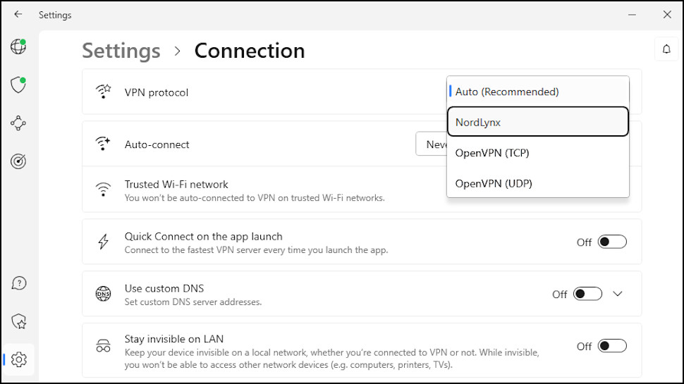 NordVPN protocol selection screenshot