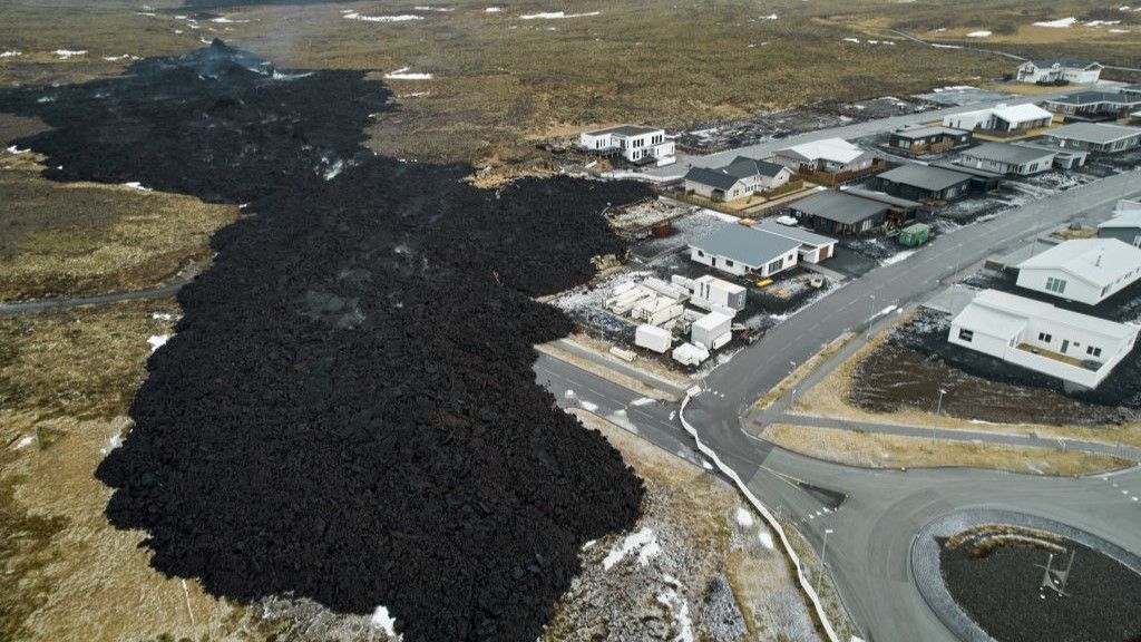 Aerial view of hardened lava flows that destroyed parts of Grindavik.