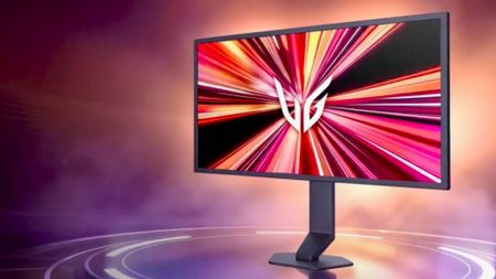 LG UltraGear 25G590B-B with purple and orange space backdrop.