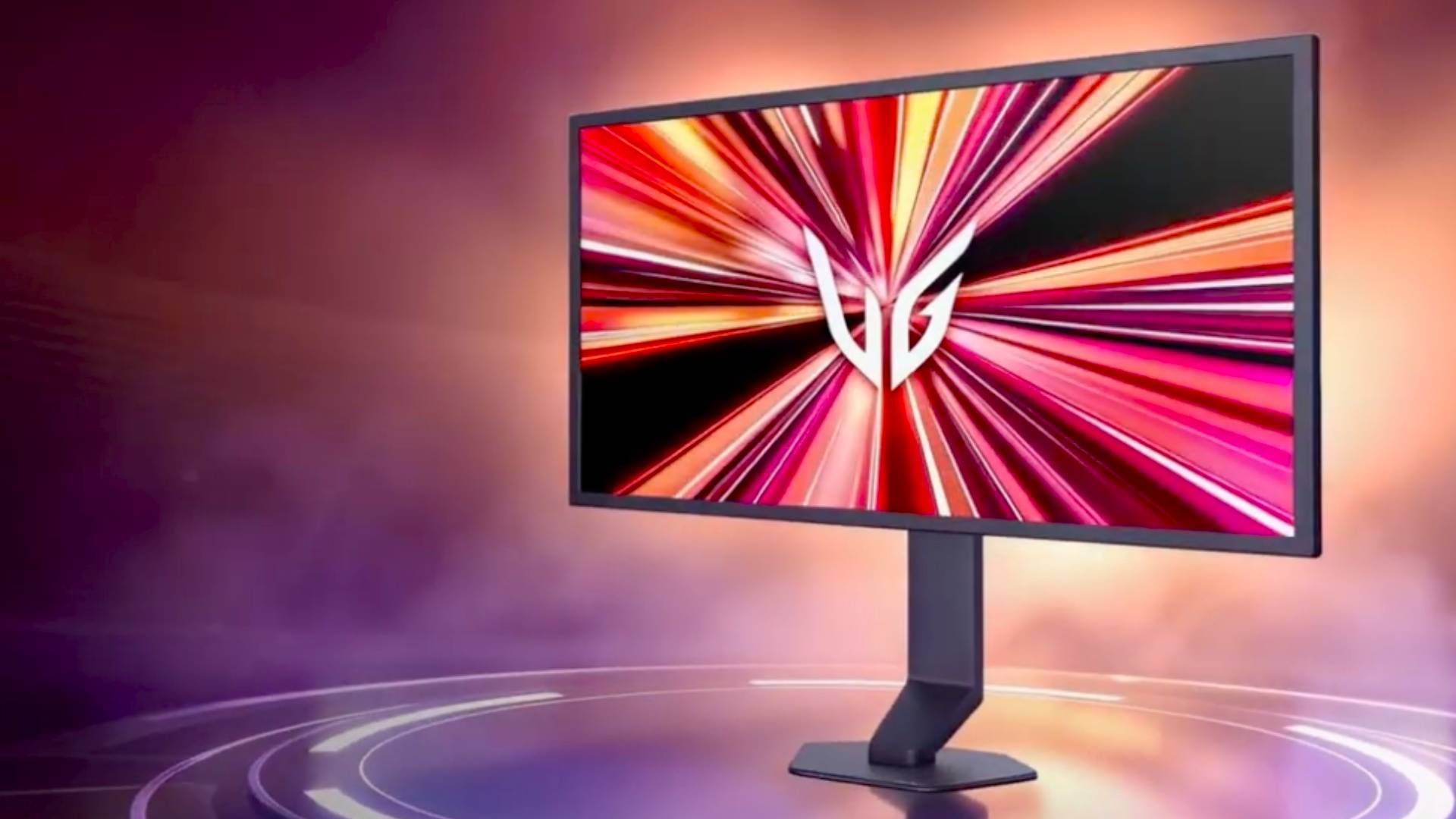 LG UltraGear 25G590B-B with purple and orange space backdrop.
