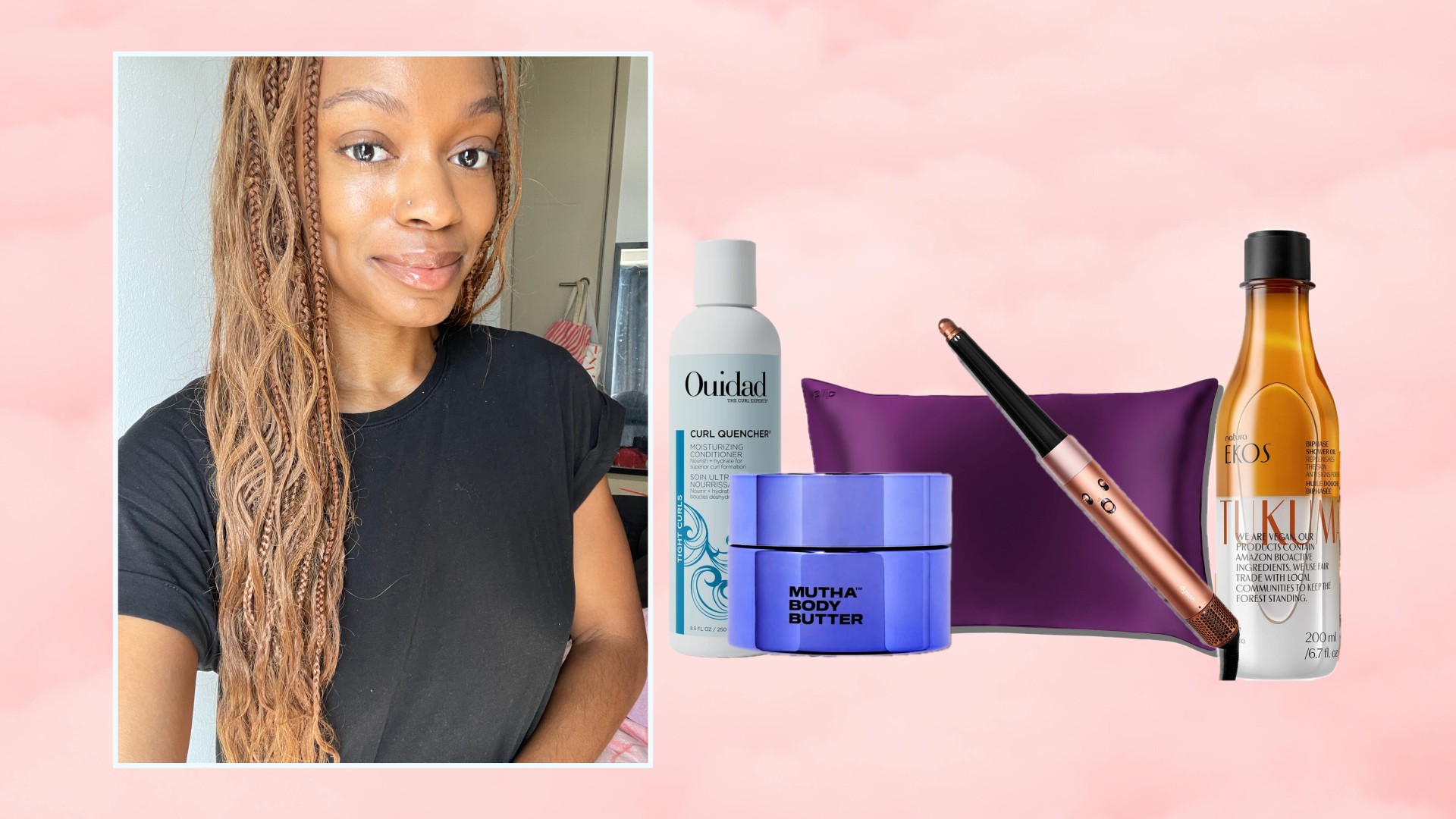 a collage of beauty products next to a selfie