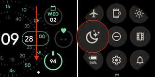 Swipe down and toggle Bedtime Mode on Pixel Watch