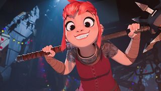 Chloë Grace Moretz as Nimona in the Netflix fantasy movie smiling.