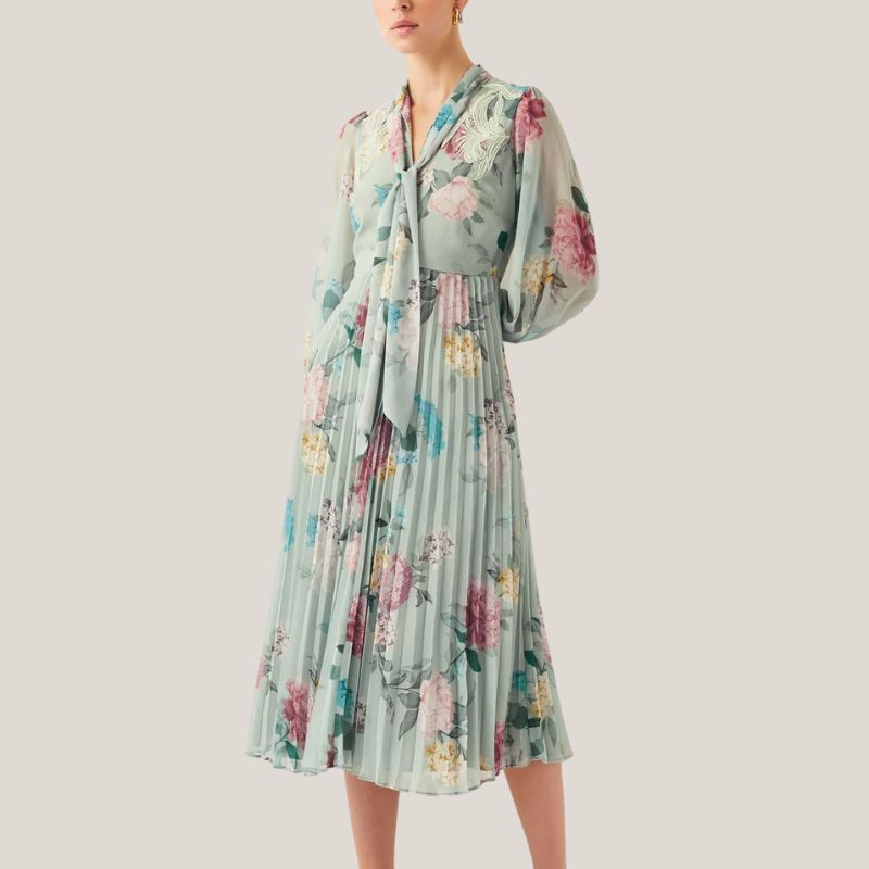 Monsoon floral dress on model 