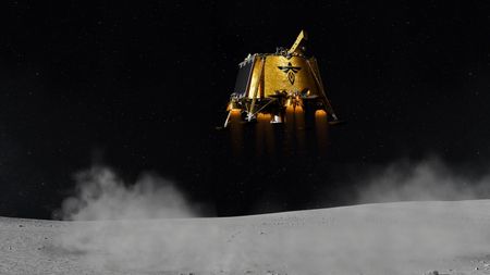 A gold and black moon lander approaches the lunar surface with thrusters firing