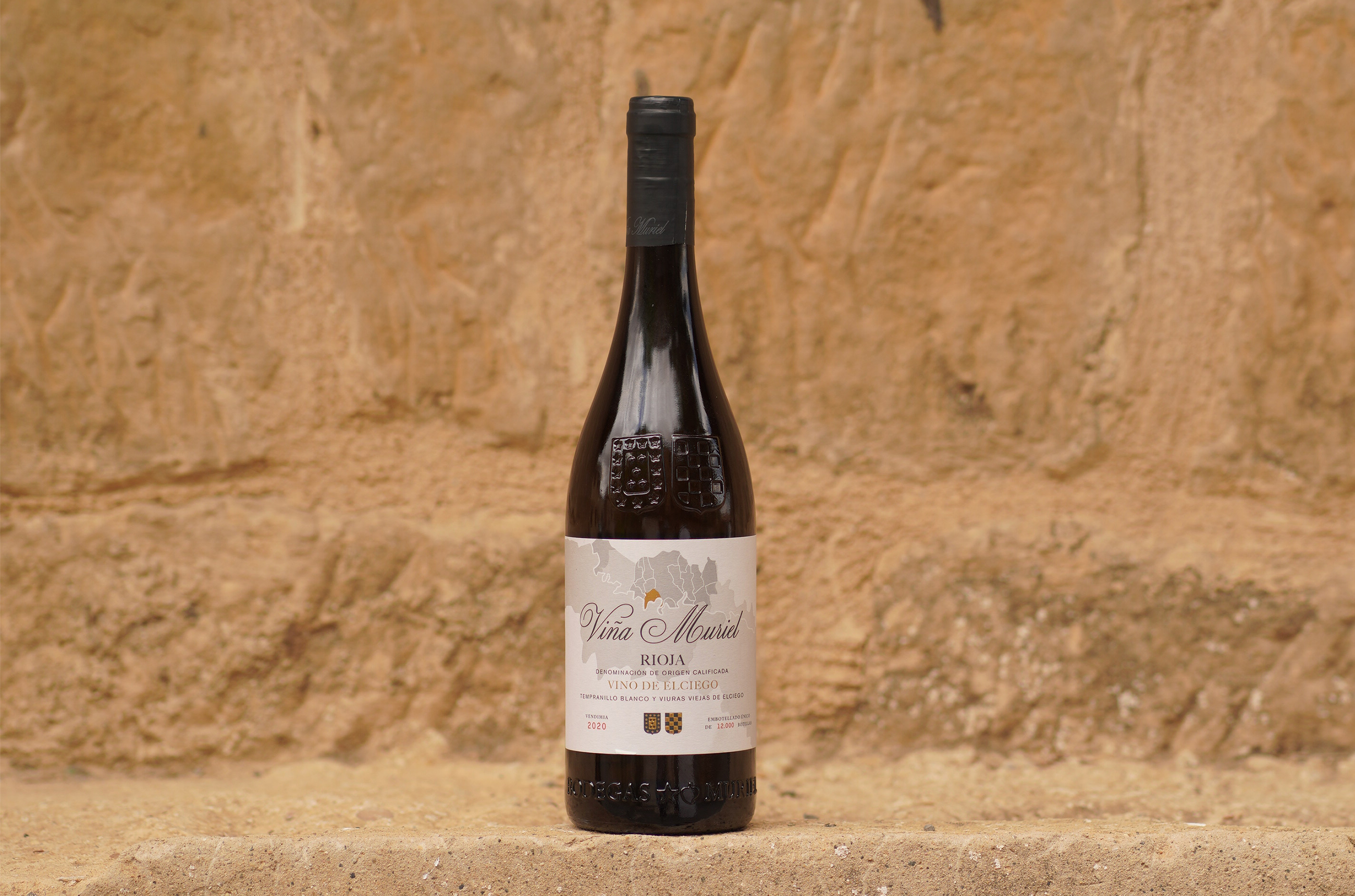 Bottle of white wine in front of a stone wall