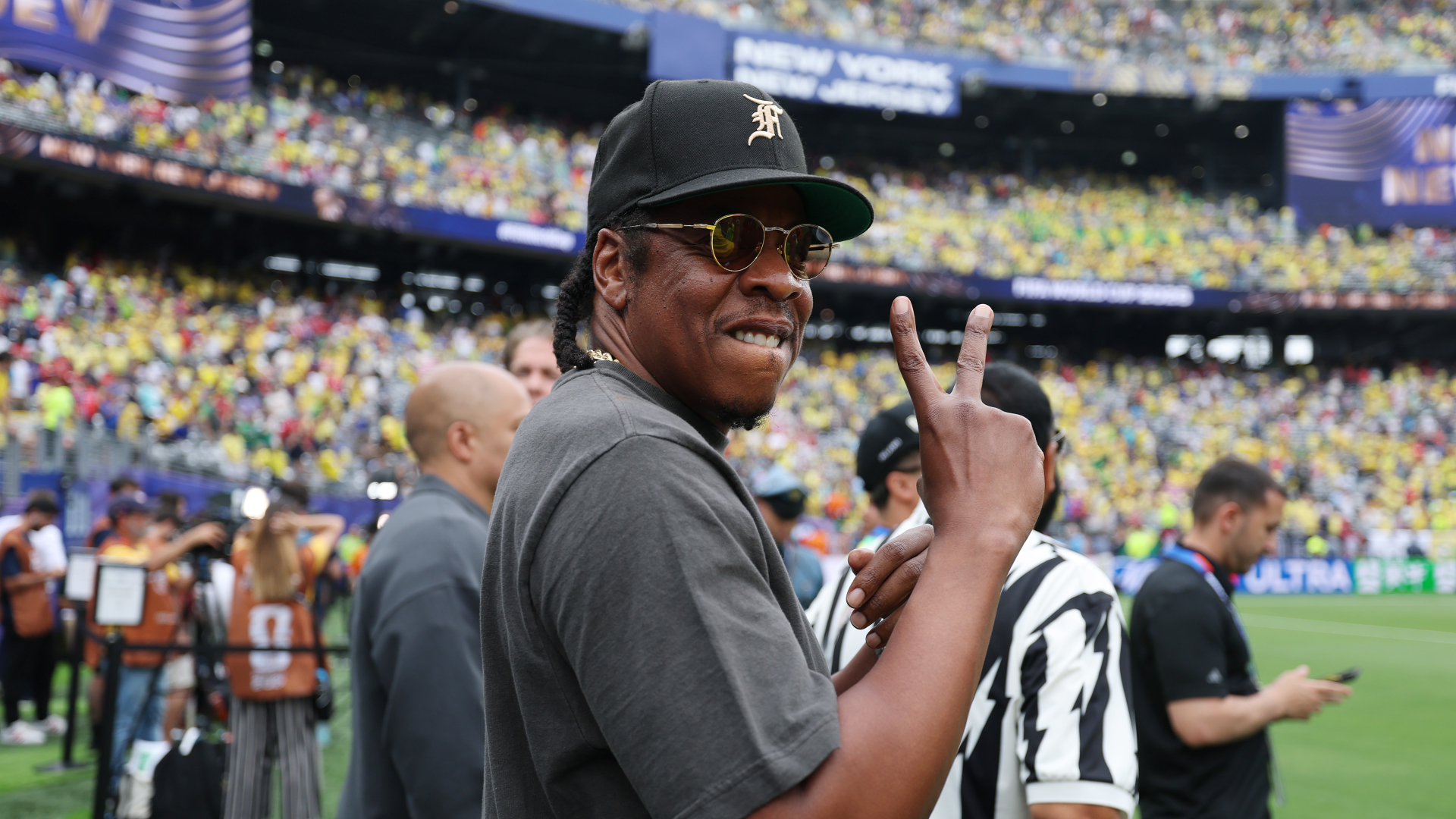 Jay-Z attends the FIFA World Cup 2026 Round of 16 match between Brazil and Norway at New York New Jersey Stadium