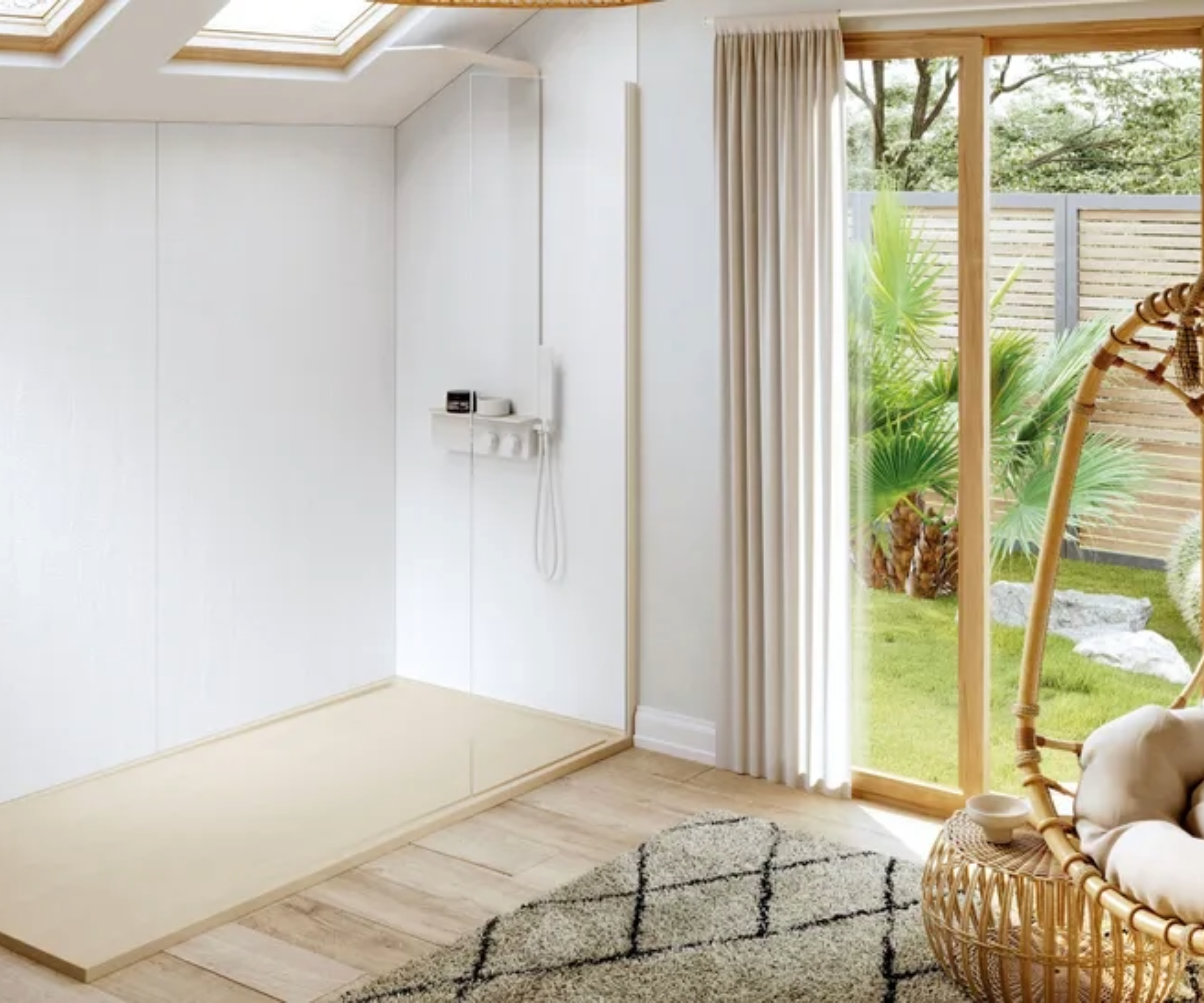 Downstairs bathroom idea with shower tucked around the corner under rooflights