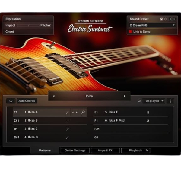 A screenshot of Native Instruments Session Guitarist Electric Sunburst guitar VST