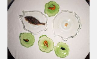 clear and green glass tableware from above