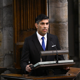 British Prime Minister, Rishi Sunak makes a speech during the Coronation of King Charles III and Queen Camilla on May 06, 2023 in London, England. The Coronation of Charles III and his wife, Camilla, as King and Queen of the United Kingdom of Great Britain and Northern Ireland, and the other Commonwealth realms takes place at Westminster Abbey today. Charles acceded to the throne on 8 September 2022, upon the death of his mother, Elizabeth II.