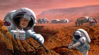 Two people in spacesuits walk the surface of a rust colored planet. The astronaut in the foreground looks at something far away, in wonder. The astronaut to the right and slight behind leans on a rock formation and holds a hammer. A many-wheeled rover is parked behind them and in the distance, some habitat modules.