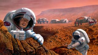 Two people in space suits walk the surface of a rust colored planet. The astronaut in the foreground looks at something far away, in wonder. The astronaut to the right and slight behind leans on a rock formation and holds a hammer. A many-wheeled rover is parked behind them and in the distance, some habitat modules.