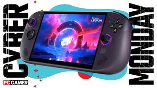 Legion Go S on a blue Cyber Monday background.