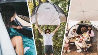 Three different Quechua tents, with people in and around them