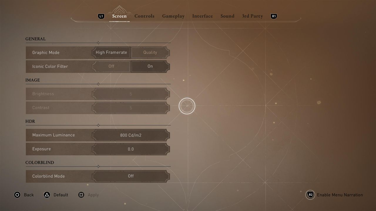 Screenshots of menus from Assassin's Creed Mirage
