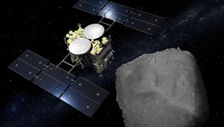An artist's depiction of the Hayabusa2 spacecraft at the asteroid Ryugu.