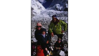 English mountain-climber Alison Hargreaves on a mountain surrounded by her husband Jim and children Tom and Katie