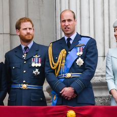 london, united kingdom july 1o meghan, duchess of sussex, prince harry, duke of sussex, prince william, duke of cambridge and catherine, duchess of cambridge stand on the balcony of buckingham palace to view a flypast to mark the centenary of the royal air force raf on july 10, 2018 in london, england photo by anwar husseinwireimage
