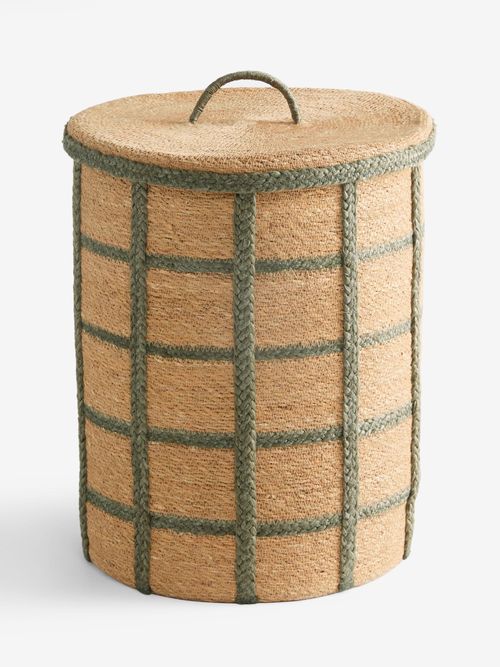 Sage Green Seagrass Check Hamper Laundry Basket - Size One