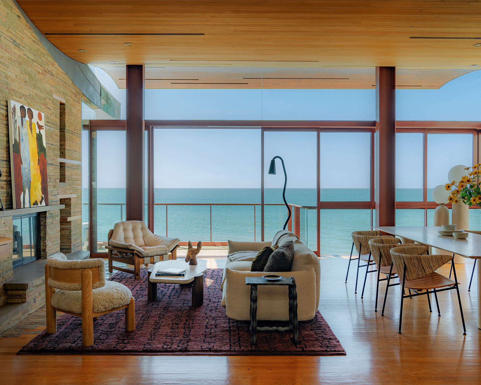 wood living room with white furniture
