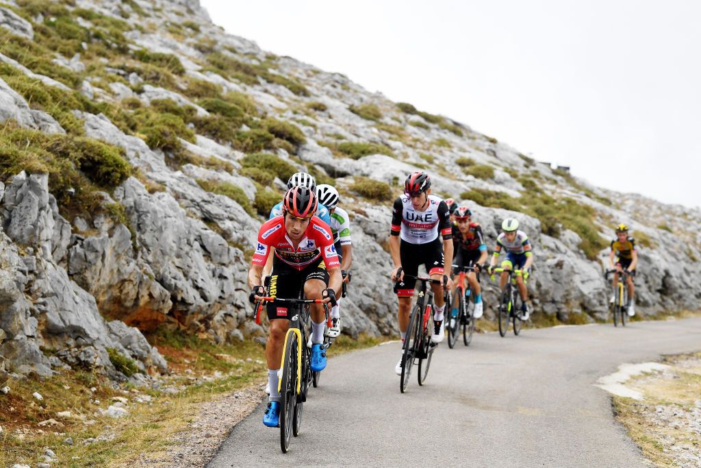 ALTU DEL GAMONITEIRU SPAIN SEPTEMBER 02 Primoz Roglic of Slovenia and Team Jumbo Visma competes in the breakaway ahead of Enric Mas Nicolau of Spain and Movistar Team during the 76th Tour of Spain 2021 Stage 18 a 1626km stage from Salas to Altu dEl Gamoniteiru 1770m lavuelta LaVuelta21 on September 02 2021 in Altu dEl Gamoniteiru Spain Photo by Tim de WaeleGetty Images