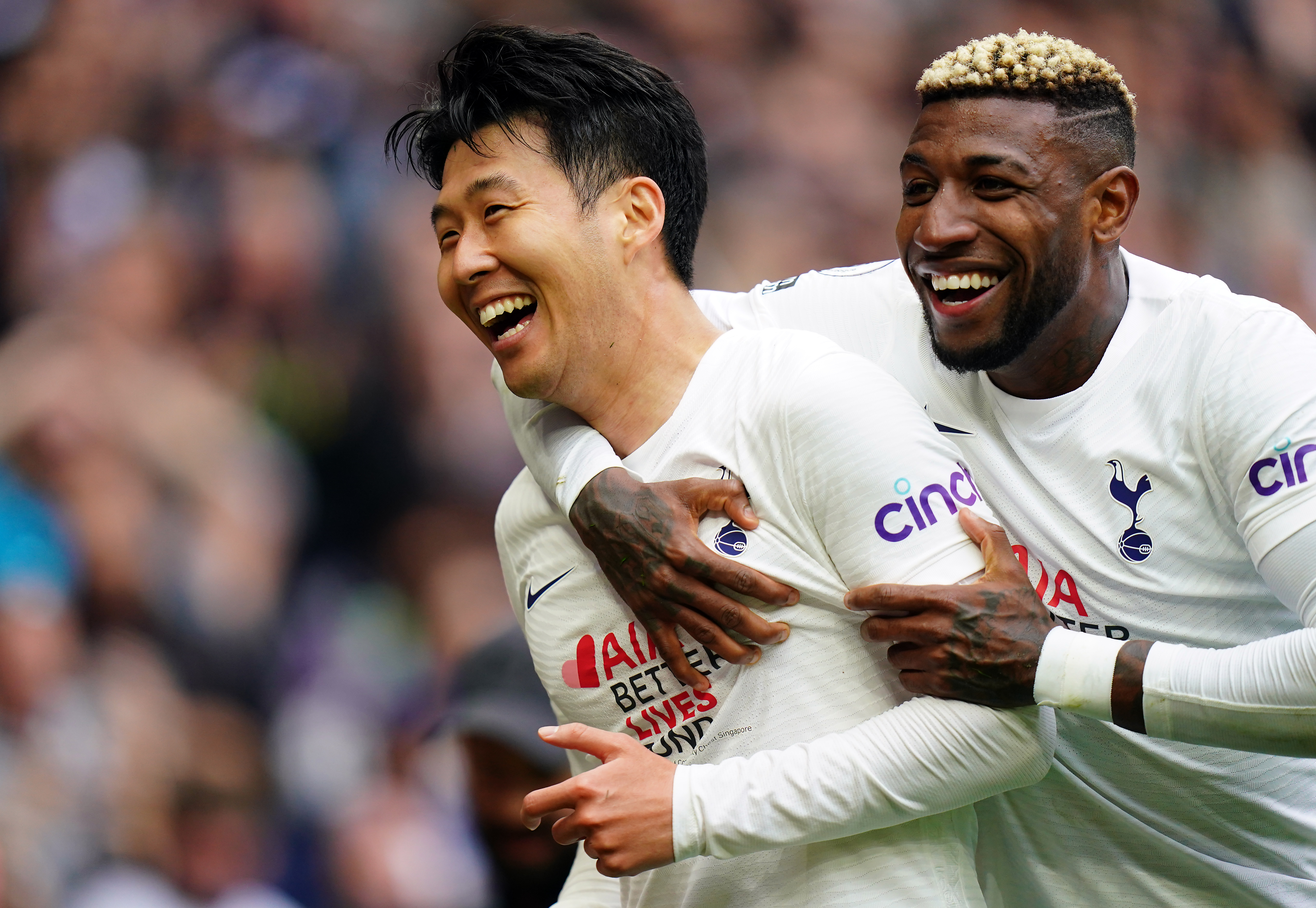 Tottenham Hotspur’s Son Heung-min celebrates scoring their side’s third goal of the game with team-mate Emerson Royal (right) during the Premier League match at the Tottenham Hotspur Stadium, London. Picture date: Sunday May 1, 2022