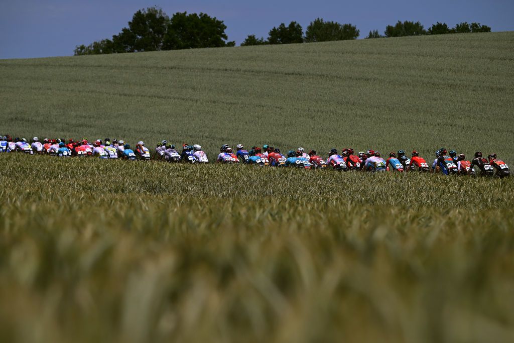 VILLARSSUROLLON SWITZERLAND JUNE 13 A general view of the peloton passing through a landscape during the 86th Tour de Suisse 2023 Stage 3 a 1438km stage from Tafers to VillarssurOllon 1256m UCIWT on June 13 2023 in VillarssurOllon Switzerland Photo by Dario BelingheriGetty Images