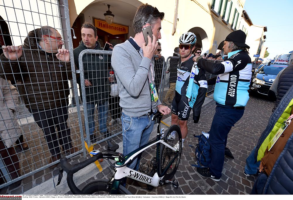 Mark Cavendish (Etixx-QuckStep) with his bike after stage 2 at Tirreno-Adriatico